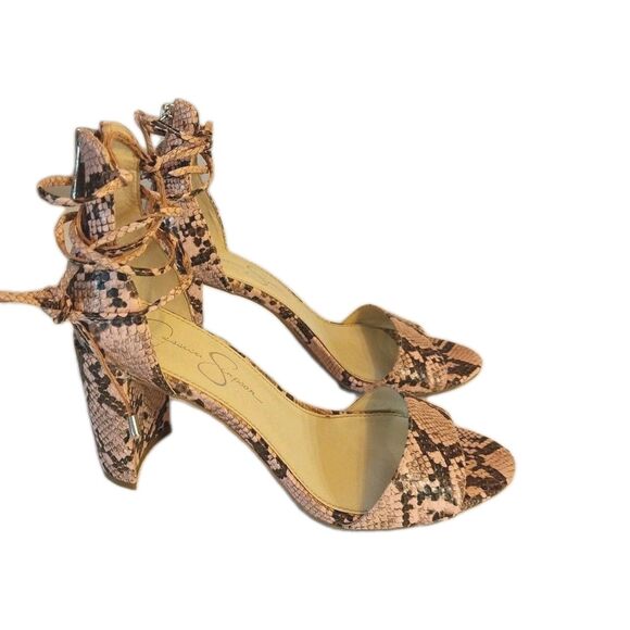 Jessica Simpson Chunky High Heels Sz 9.5M Pink Snakeskin Open Toe Ankle Tie Wild - Picture 2 of 12